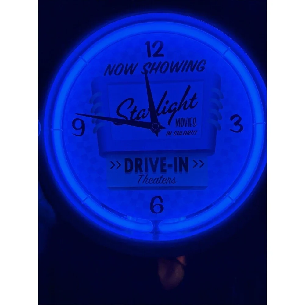 Ravina Clock Company  BLUE Twin Bell  Neon Clock Starlight Movies Drive In. GUC!